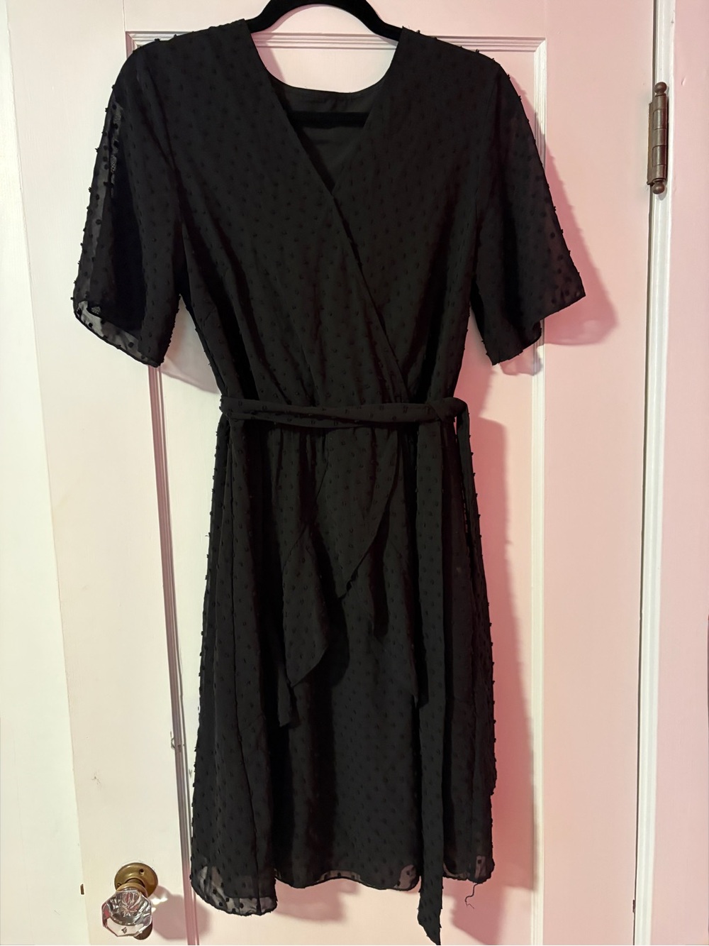 BTFBM Black V-Neck Faux Wrap Short Sleeve Mini-Dot Dress with Tie